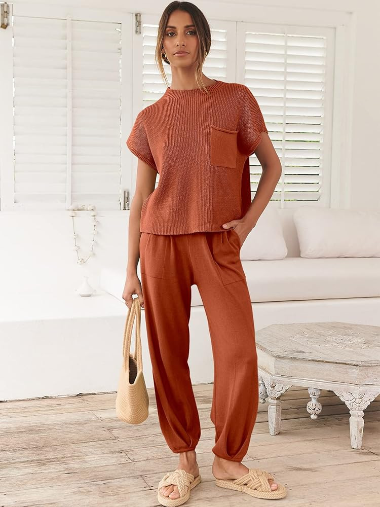 ANRABESS Women's Two Piece Outfits Sweater Sets Knit Pullover Tops and High Waisted Pants Tracksuit  | Amazon (US)