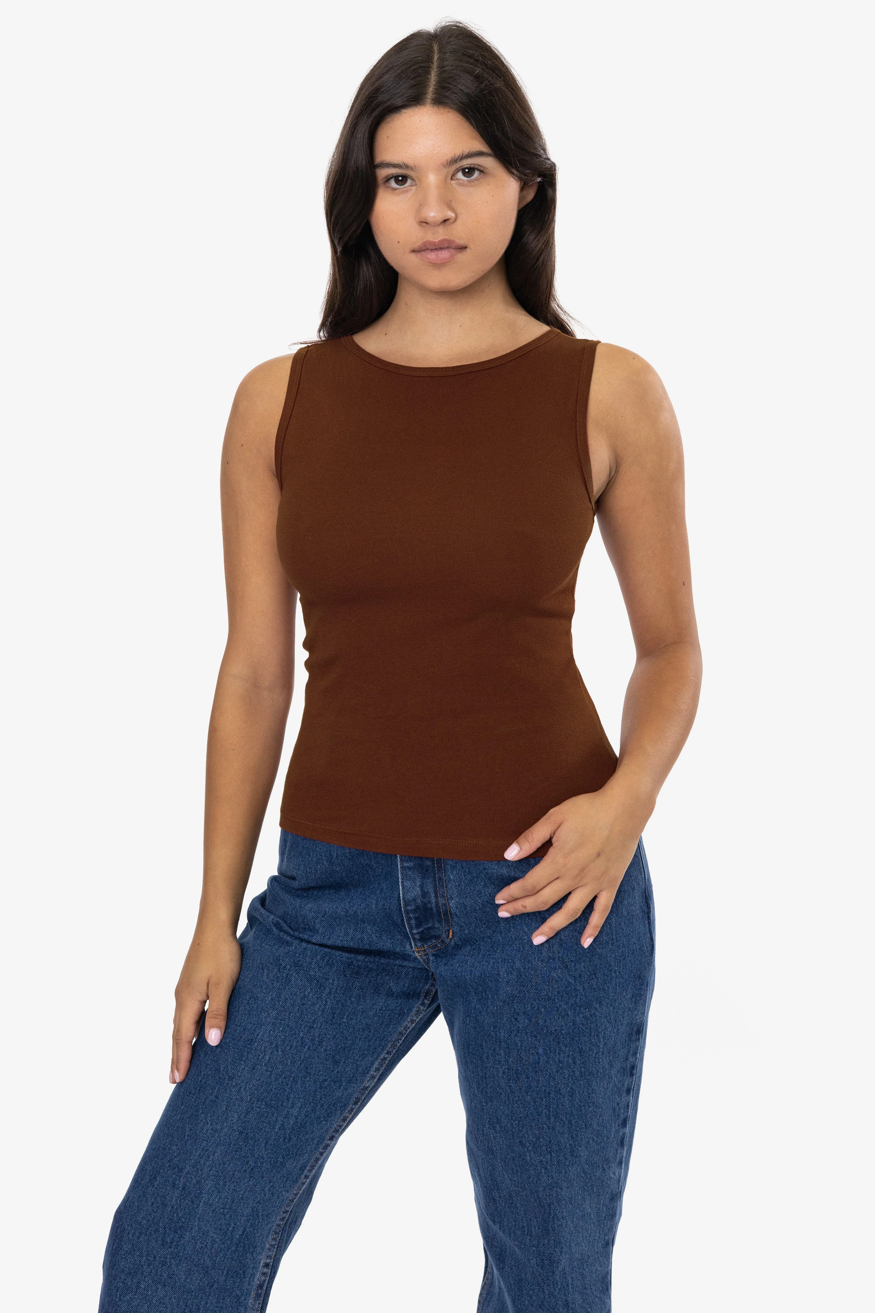 43045 - Baby Rib Sleeveless Boatneck Top - Brown / M | Los Angeles Apparel