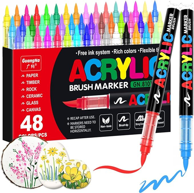 Guangna 48 Colors Acrylic Paint Marker Pens with Soft Brush Tips & Automatic Ink Control | Waterp... | Amazon (US)