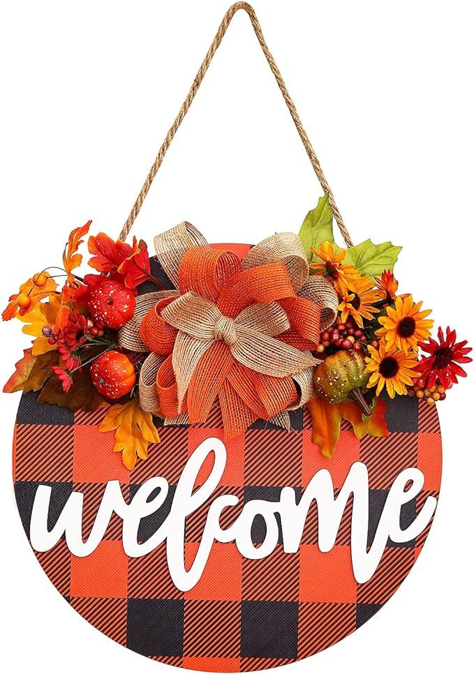 Welcome Sign for Front Door, Fall Welcome Sign Wooden Hanging Door Sign with Fall Leaf and Pumpki... | Amazon (US)