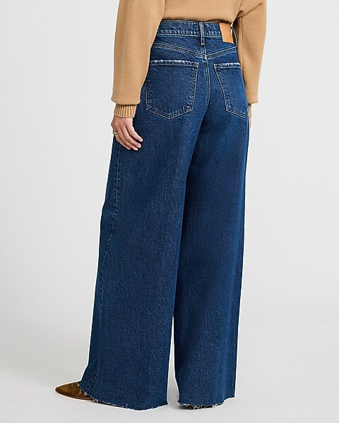 High Waisted Raw Hem Relaxed Wide Leg Stretch Jeans | Express