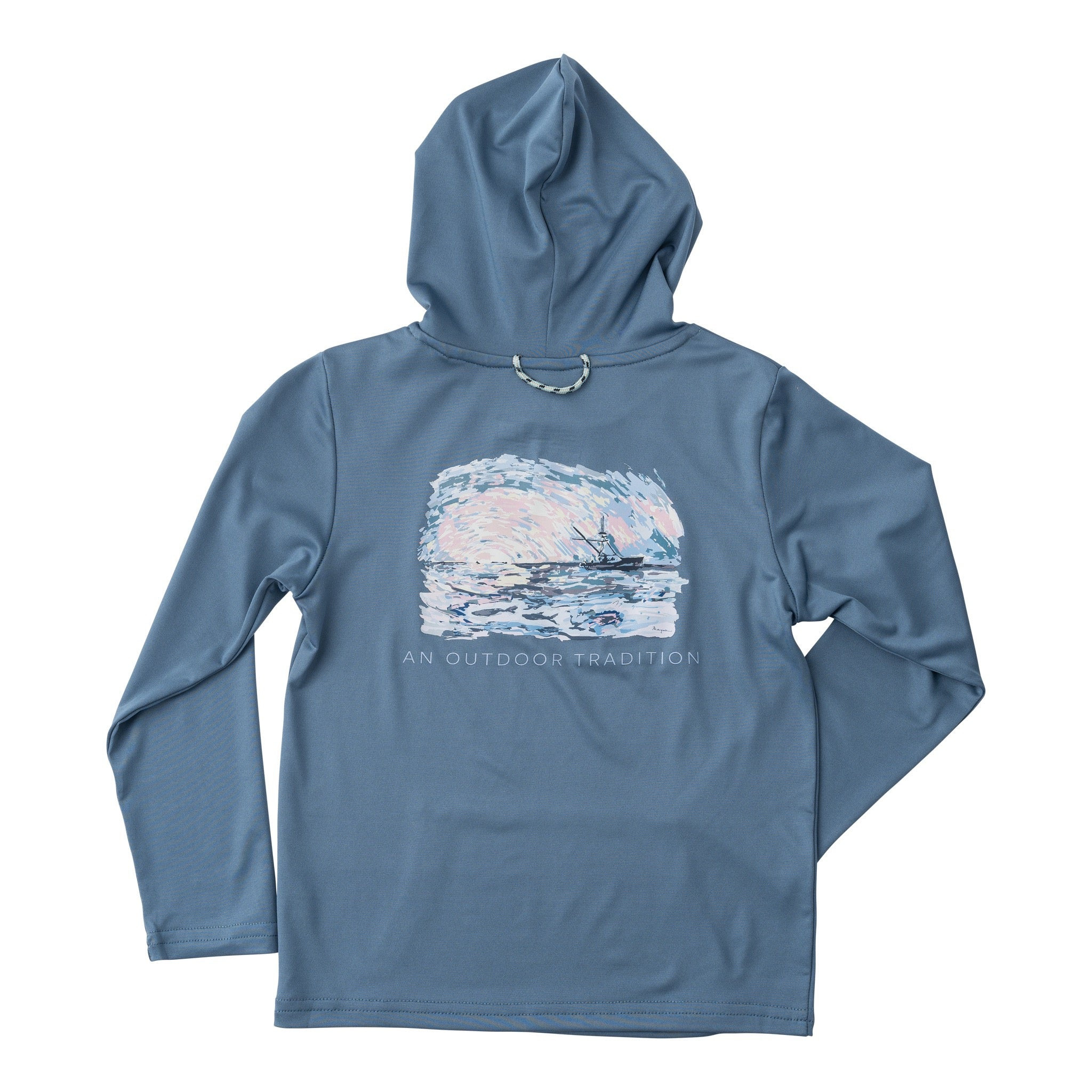 Kid's Pro Performance Hoodie Fishing T-shirt in Bluefin Blue with a Sportfisher Sunset | PRODOH