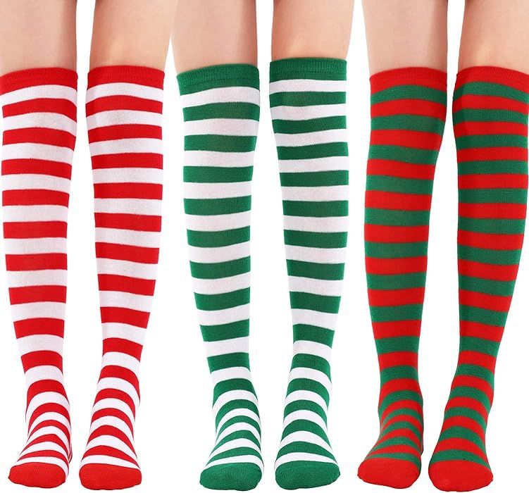 3 Pairs Long Striped Socks Knee High Stocking for Halloween Cosplay Party Costumes | Amazon (US)
