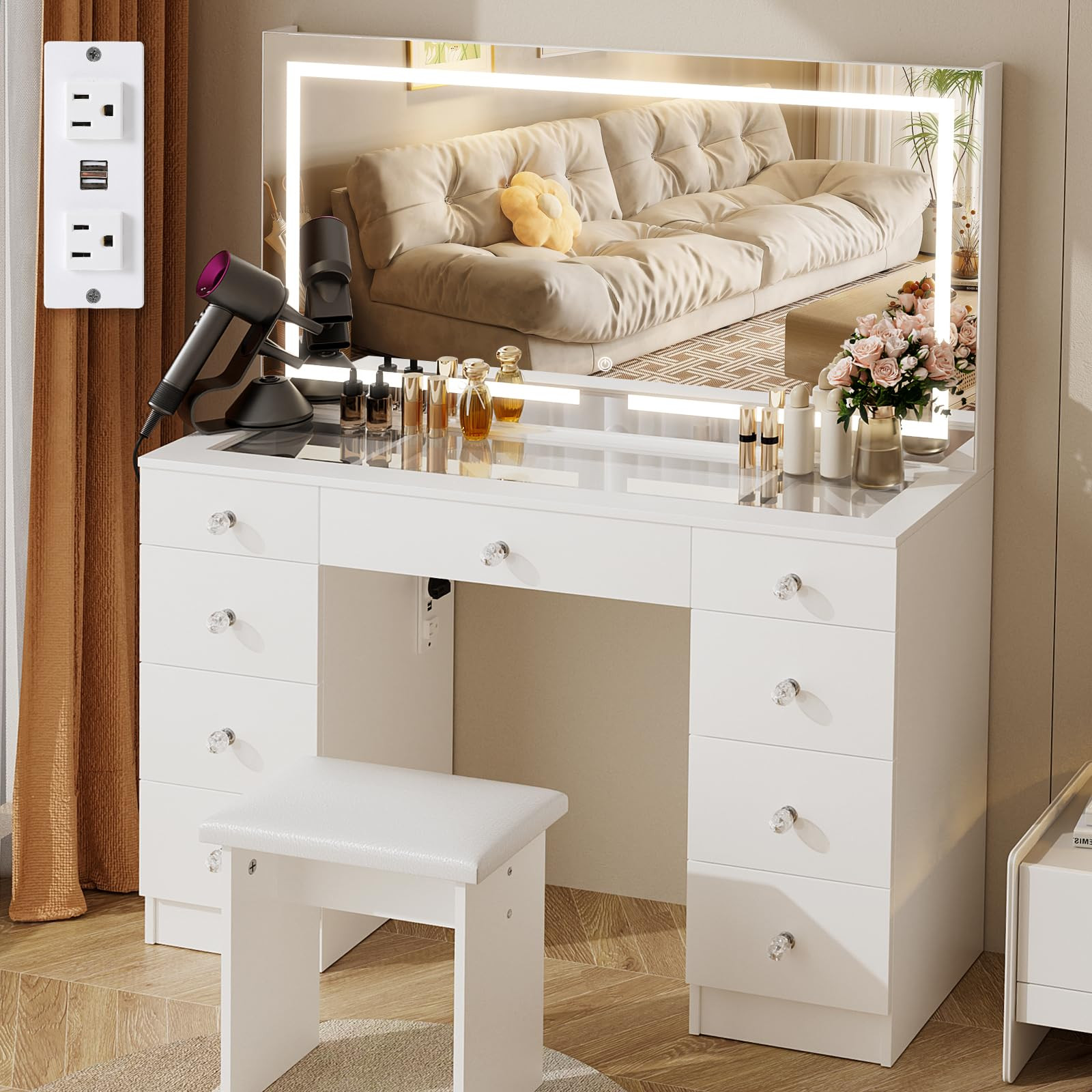 VOWNER Vanity with Lighted Mirror - 47" Glass Top Makeup Vanity Desk with 9 Drawers and Power Out... | Amazon (US)
