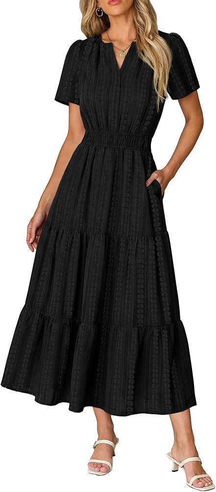 RUMIA Women Casual Midi Maxi Dresses Short Sleeve V Neck Elastic Waist Vacation Dress Pockets\uff... | Amazon (US)