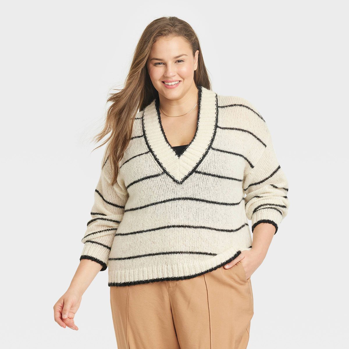 Women's V-Neck Pullover Sweater - A New Day™ Cream Striped XXL | Target
