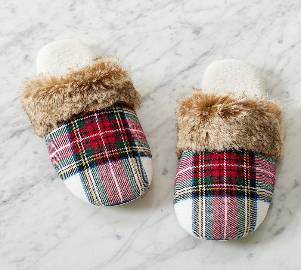 Stewart Plaid Flannel Faux Fur Slippers | Pottery Barn (US)