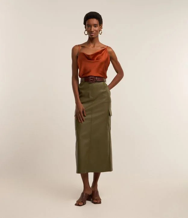 Saia Midi em Pu com Fenda e Bolsos Cargo Verde | Renner (BR)