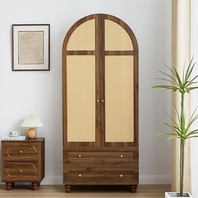 Arched Armoire Wardrobe Closet with 2 Rattan Doors, Wooden Wardrobe Closet with 2 Drawers, Bedroo... | Amazon (US)