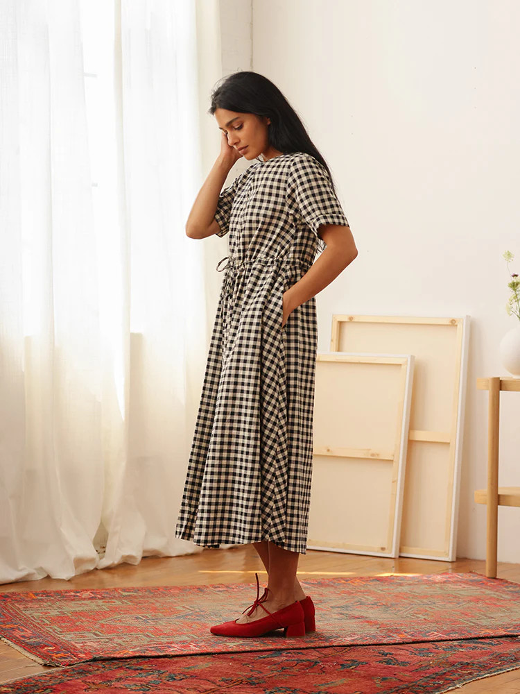 Nell Midi Dress Linen Black Gingham | Tradlands