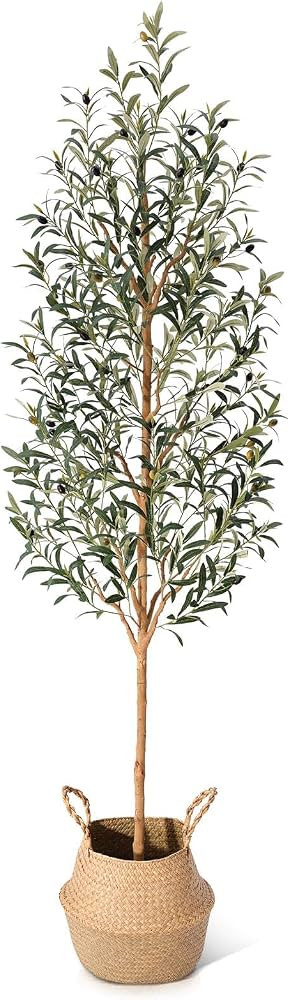 Faux Olive Tree 7FT – Tall Artificial Plants Indoor with Real Wood Trunk & Seagrass Basket, Lif... | Amazon (US)