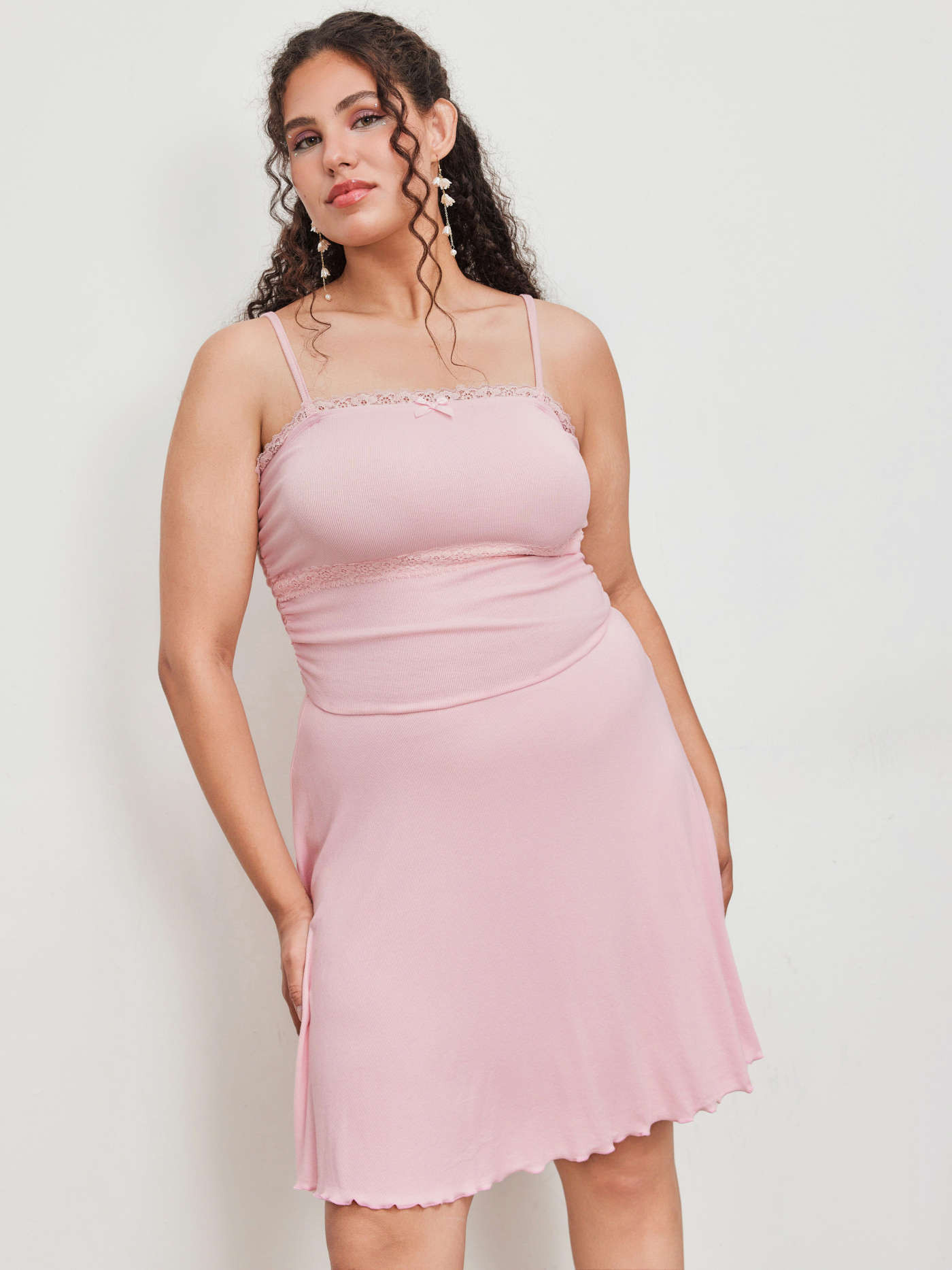 Square Neck Lace Bowknot Ruched Ruffle Cami Mini Dress Curve & Plus | Cider