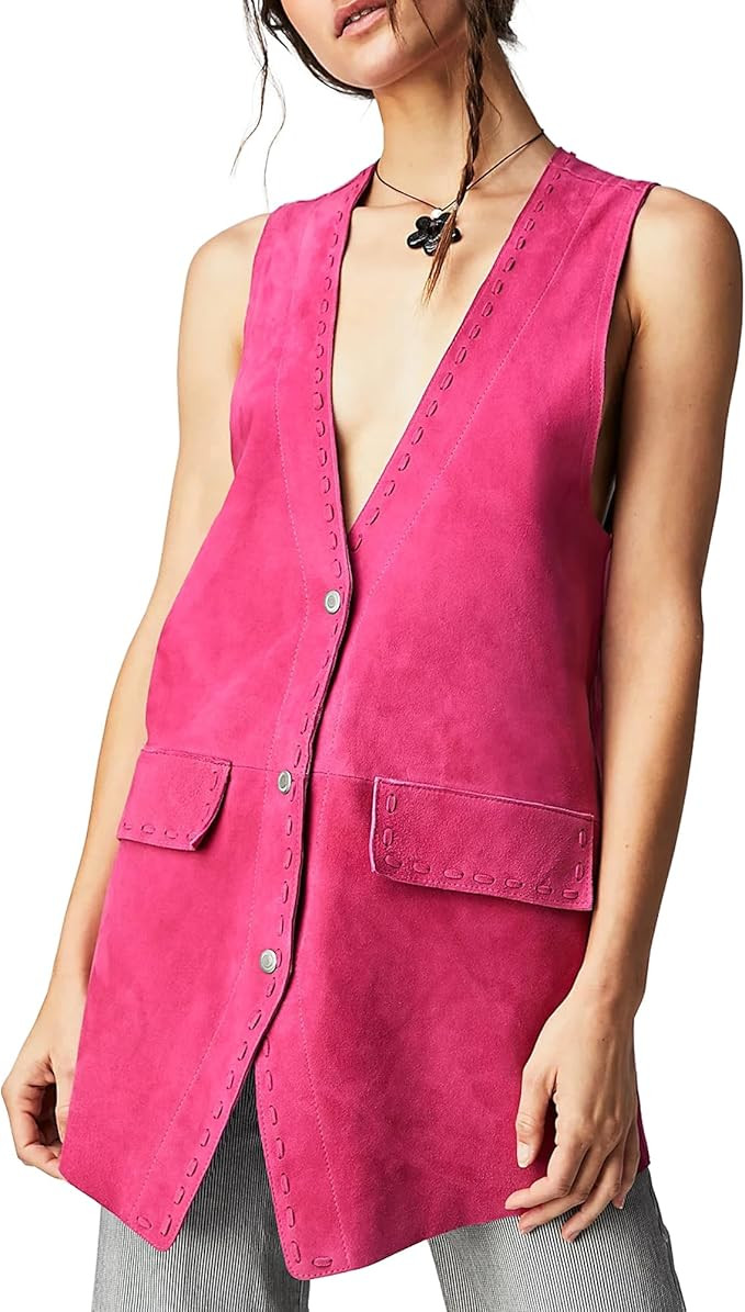 Gacaky Womens 2024 Fall Suede Vest Oversized Fully Lined Button Down V-Neck Western Suede Vest Ja... | Amazon (US)