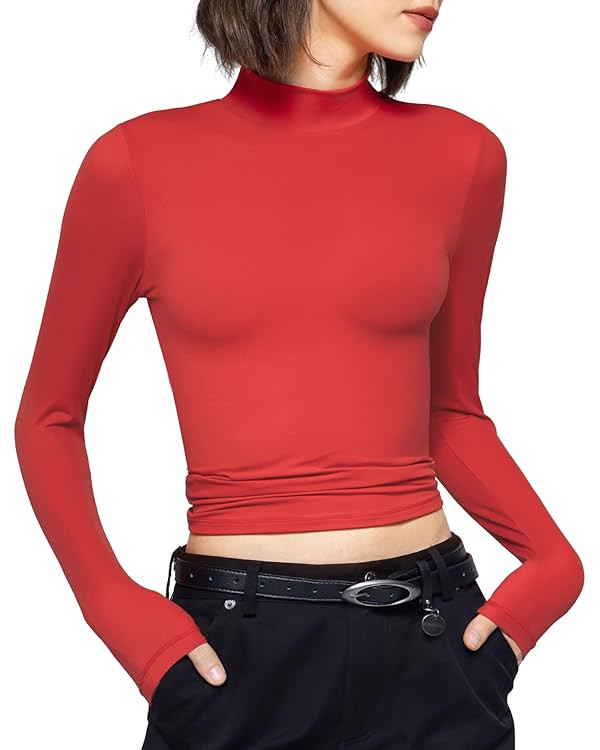 PUMIEY Women's Long Sleeve T Shirts Mock Turtleneck Slim Fit Tops Sexy Basic Tee Smoke Cloud Pro ... | Amazon (US)