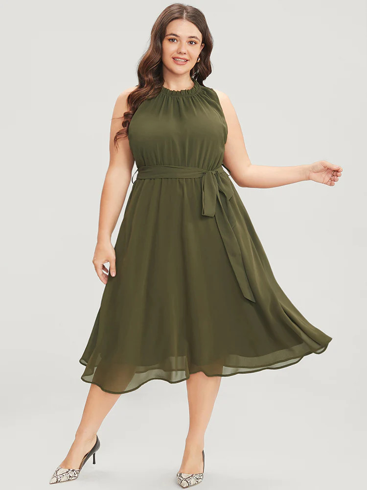 Plain Sleeveless Frill Trim Pocket Belted Mock Neck Dress | Bloomchic