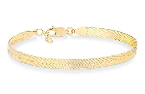 Miabella Italian Solid 925 Sterling Silver, 18Kt Gold Plated 4.5mm Flexible Flat Herringbone Link Chain Bracelet for Women Men, Made in Italy (yellow-gold-plated-silver, Length 6.5 Inches+0.5" ext.) | Amazon (US)