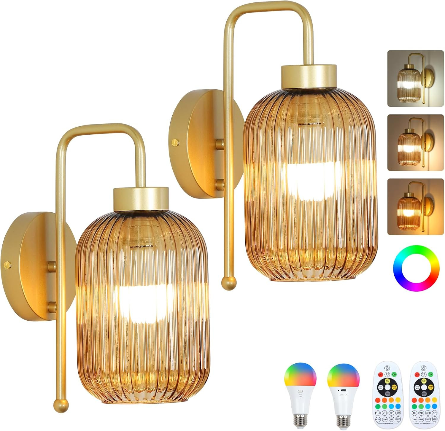 LAMSU Vintage Gold Wireless Wall Sconces Battery Operated, Rechargeable Wall Lights Set of 2 with... | Amazon (US)