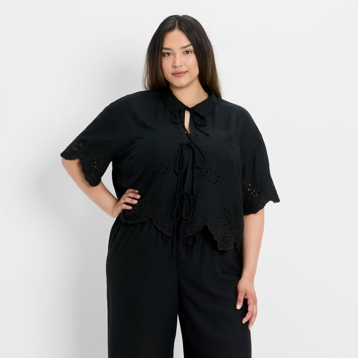 Women's Short Sleeve Embroidered Tie-Front Blouse - Future Collective | Target