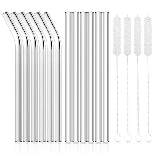 AKONEGE 12 Pack Reusable Glass Straws - Clear Glass Drinking Straws, 8.5''x10MM, 6 Straight & 6 Bent, 4 Cleaning Brushes for Smoothies, Milkshakes, Tea, Juice, Hot & Frozen Drinks | Amazon (US)