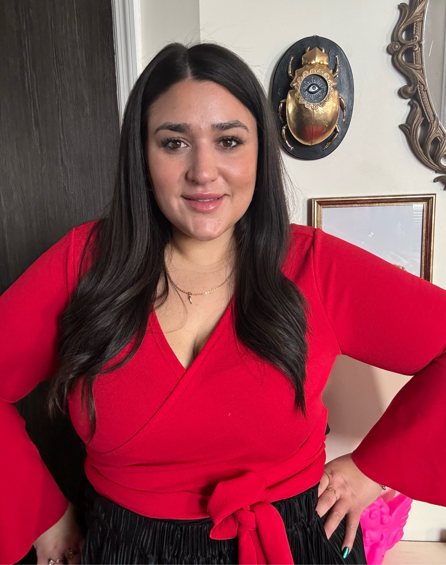 Red Wrap Bell Sleeve Shirt. Wearing XXL