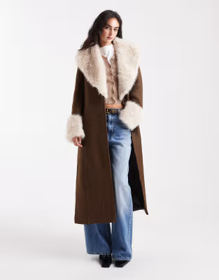 ASOS DESIGN textured longline penny lane coat with faux fur trim in brown | ASOS | ASOS (Global)