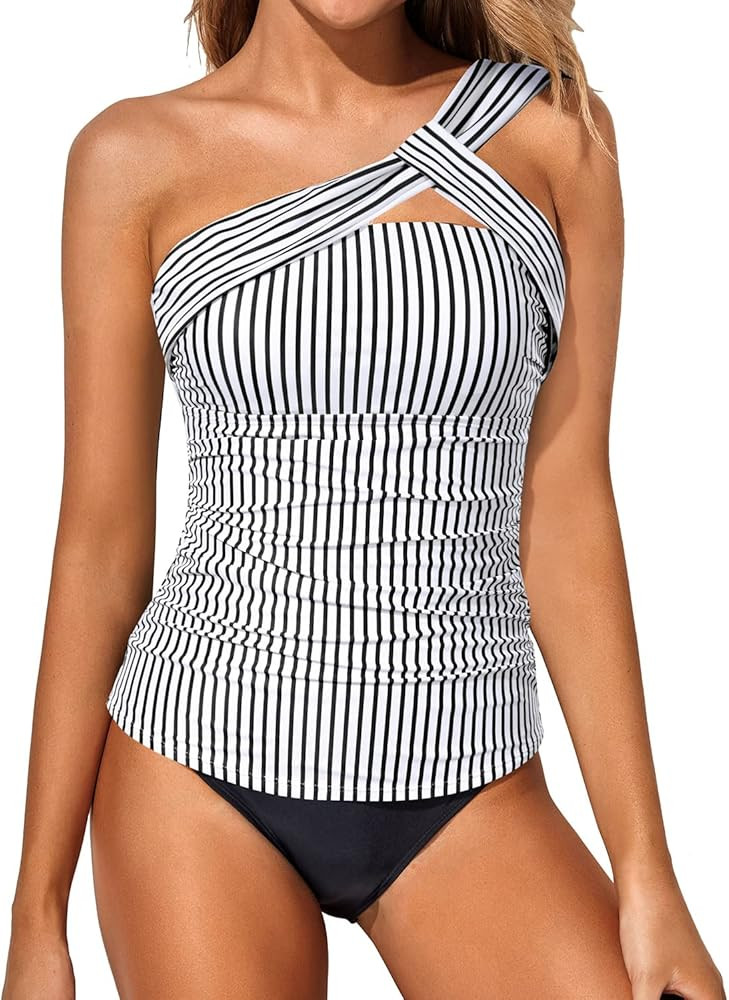Tempt Me Two Piece Tankini Bathing Suits for Women One Shoulder Swim Top with Bottom Swimsuits | Amazon (US)