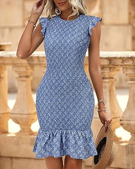 BTFBM Casual Women Ruffle Sleeves Summer Beach Dress 2023 Elegant Floral Bodycon Smoked Mini Merm... | Amazon (US)