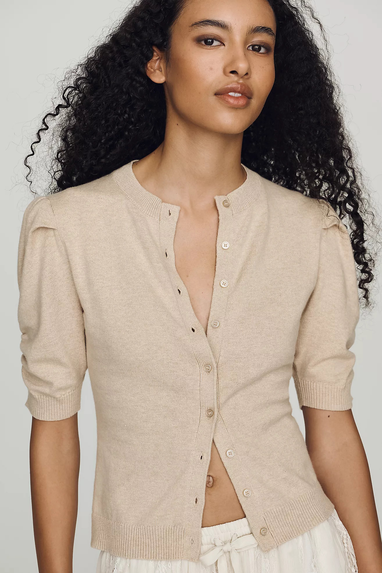 By Anthropologie Cotton Cashmere Puff-Sleeve Crew-Neck Cardigan Sweater | Anthropologie (US)