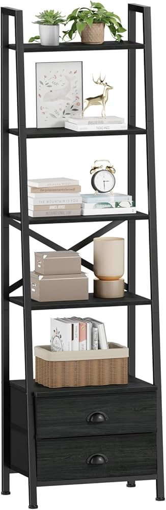 Furologee 5-Tier Ladder Shelf with 2 Drawers,Narrow Bookshelf Storage Shelves,Industrial Bookcase... | Amazon (US)