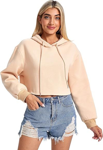 Milumia Women Long Sleeve Hoodie Crop Top Joggers Solid Drawstring Hooded Sweatshirt | Amazon (US)