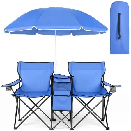 COWIN Outdoor Foldable Picnic Double Chair ,Camping Chairs with Umbrella Camping Double Portable Chairs Folding Beach Chair with Insulation Bag,Backpacking Blue | Walmart (US)