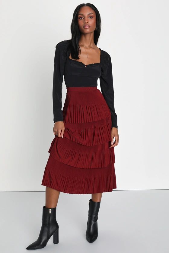 Stylish Fascination Wine Red Pleated Tiered Midi Skirt | Lulus (US)