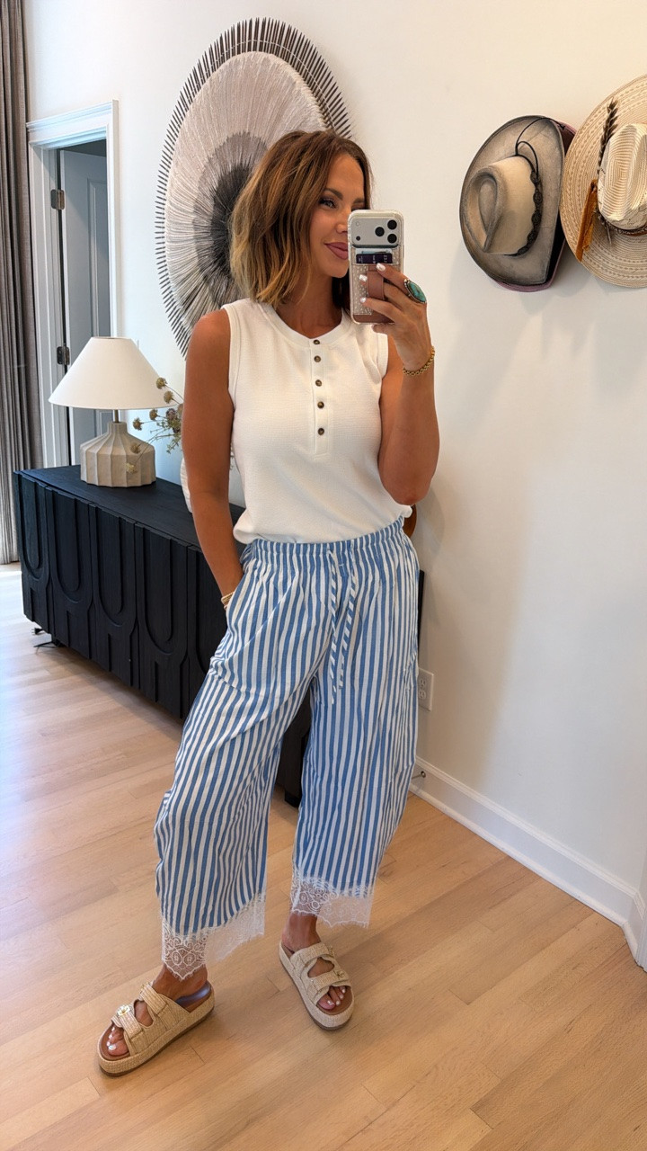 amazon waffle henley tank, striped lace barrel pants, and raffia sandals ♥️

#LTKootd #LTKSeasonal #LTKSaleAlert