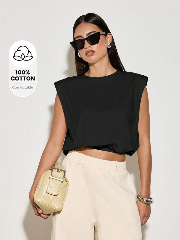 AiiRZ Sleeveless Shoulder Pad T-Shirt Bubble Hem Crop Top Modern Minimalist Basic Summer Casual S... | SHEIN