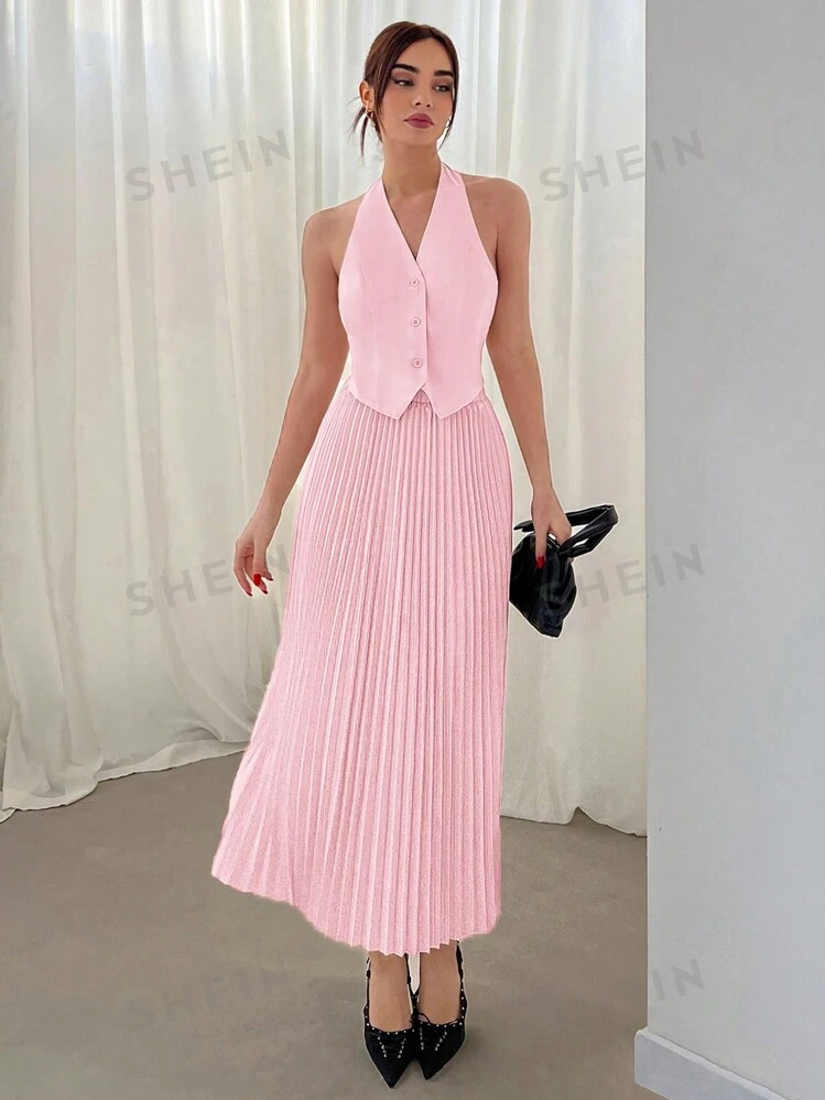 Aloruh 2pcs Women's Valentine's Day Sleeveless Button Front Vest And Pleated Mini Skirt Set | SHEIN