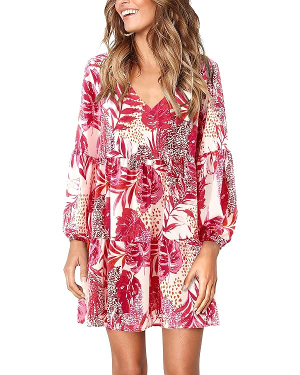 Amoretu Womens Tunic Dress Long Sleeve V Neck Casual Loose Flowy Swing Shift Dresses | Amazon (US)