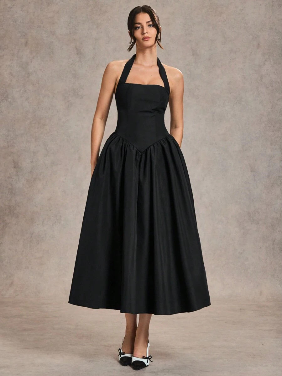SHEIN BAE Elegant Women's Long Neck-Tie Dress, Suitable For Casual Dates And Outings, Autumn | SHEIN