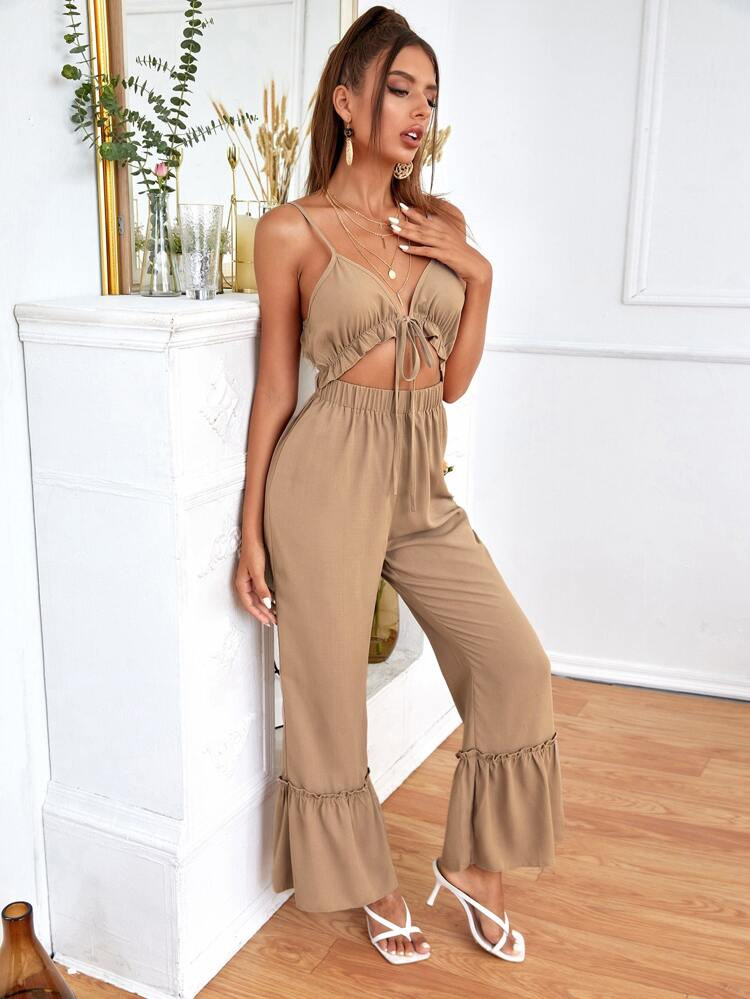 Cut Out Front Ruffle Hem Cami Jumpsuit | SHEIN