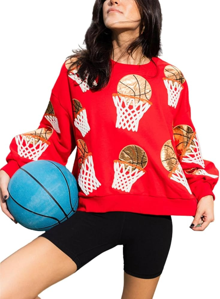 Womens Sparkle Basketball Hoop Sequin Sweatshirt Crewneck Oversized Long Sleeve Pullover Tops | Amazon (US)