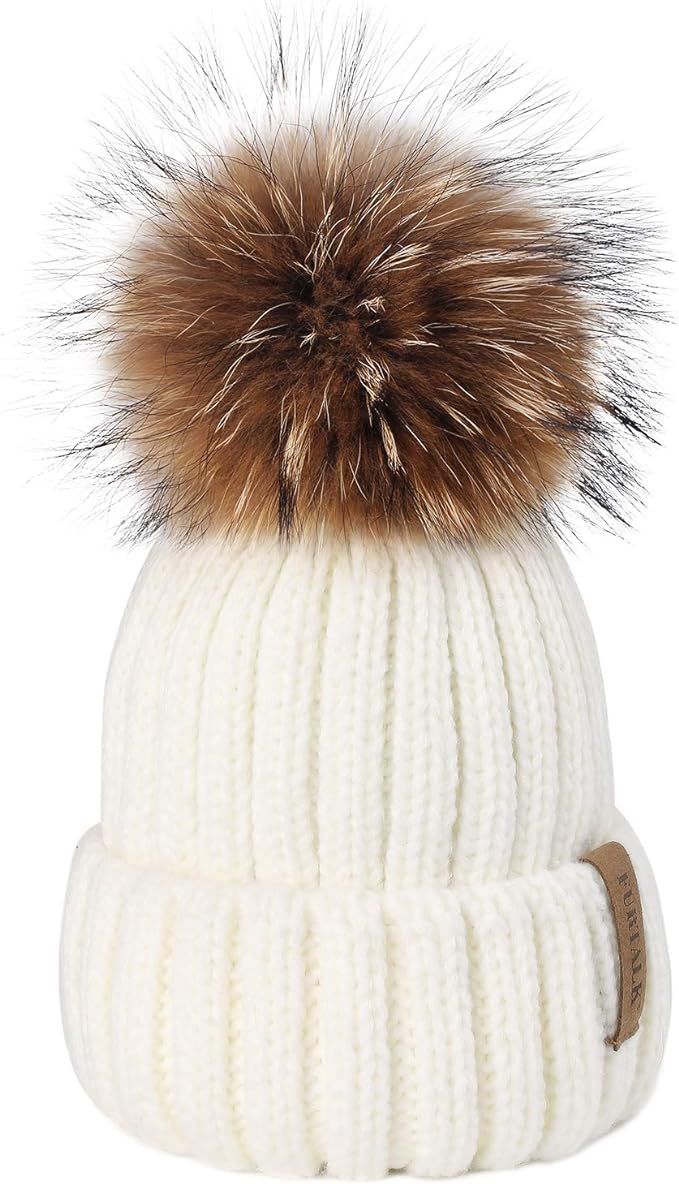 FURTALK Winter Knit Hat Detachable Real Raccoon Fur Pom Pom Womens Girls Warm Knit Beanie Hat | Amazon (US)