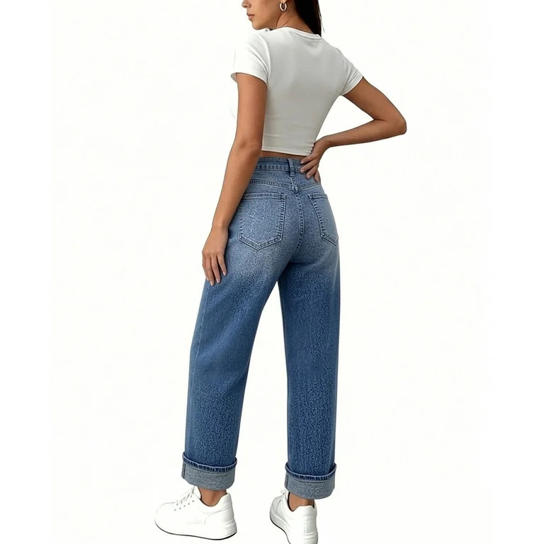 PWPSG Women's High Waisted Stretchy Denim Wide Leg Crop Jeans Fold Hem Cropped Baggy Jeans with P... | Walmart (US)