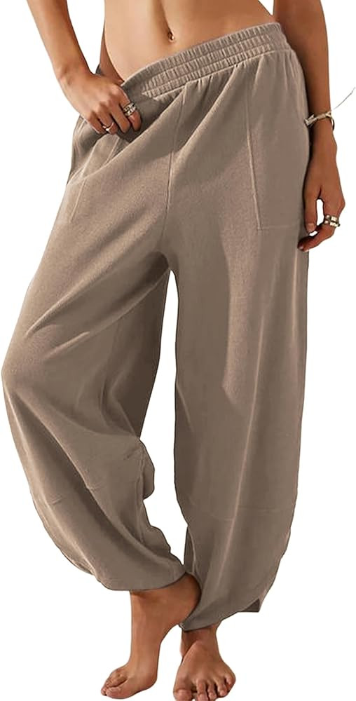 Springrain Womens Baggy Wide Leg Pants Cotton Elastic Waisted Loose Palazzo Harem Pants with Pock... | Amazon (US)