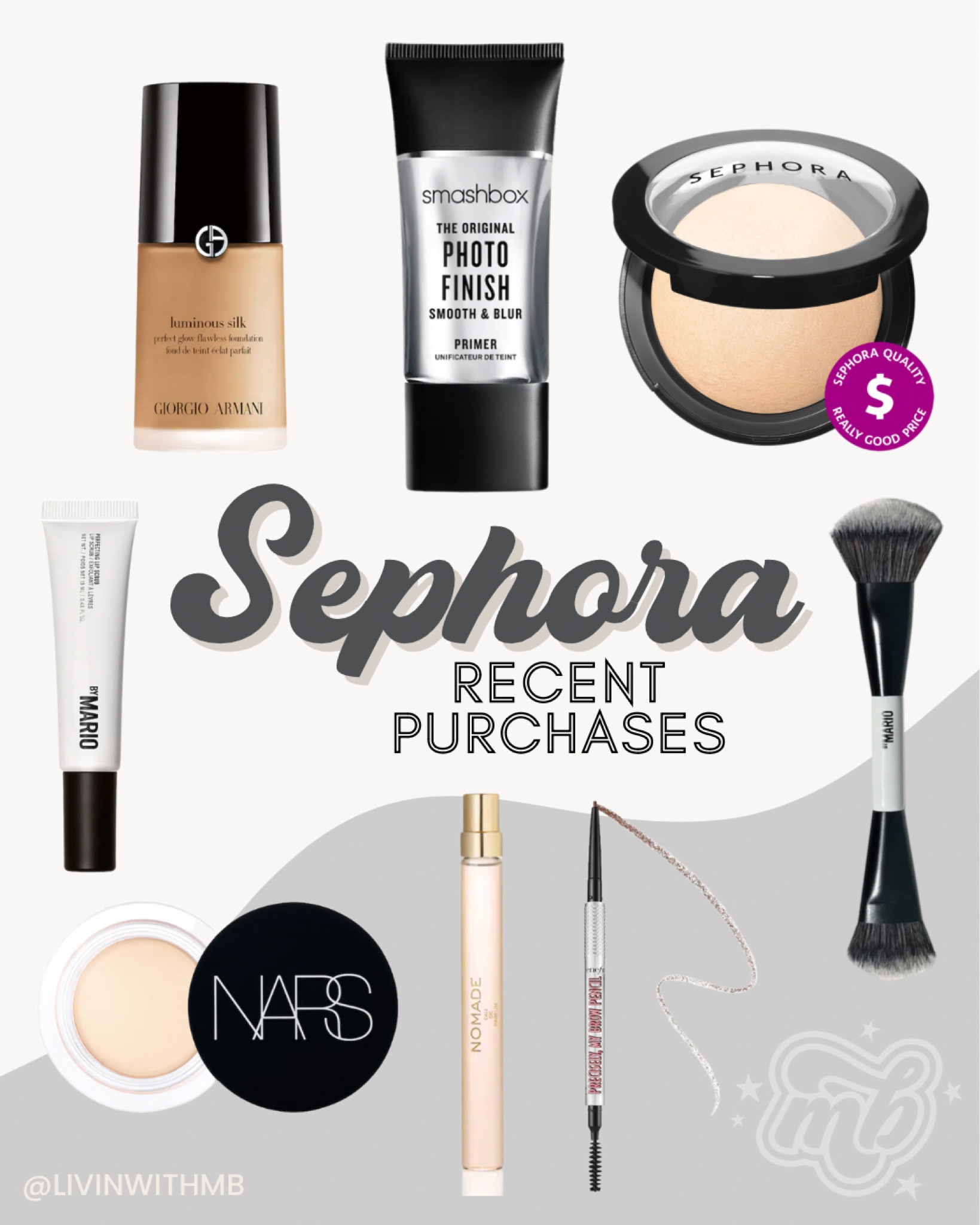 Recent purchases from Sephora:

Armani foundation: 5.9 medium neutral
Sephora powder: 30 Sand
Benefit brow pencil: 2.5 neutral blonde
Nars concealer: Custard M1

#LTKbeauty #LTKFind #LTKstyletip