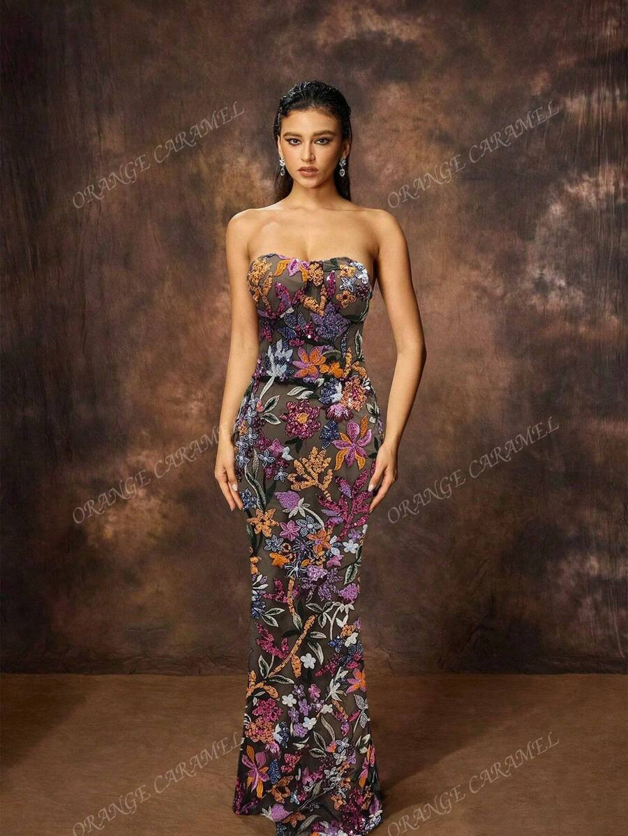 New Arrival Women Embroidered Sequin Patchwork Off Shoulder Evening Dress, Cocktail Semi Formal P... | SHEIN