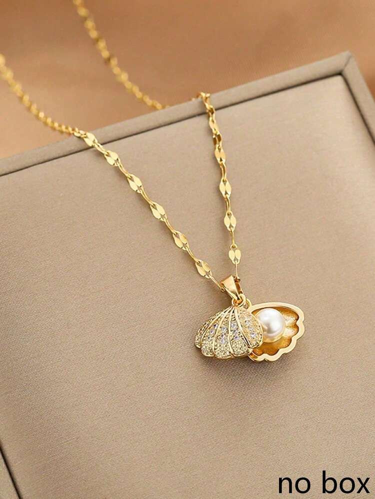 1pc Fashionable Minimalist Micro-Inlaid Zirconia Faux Pearl Shell Necklace | SHEIN