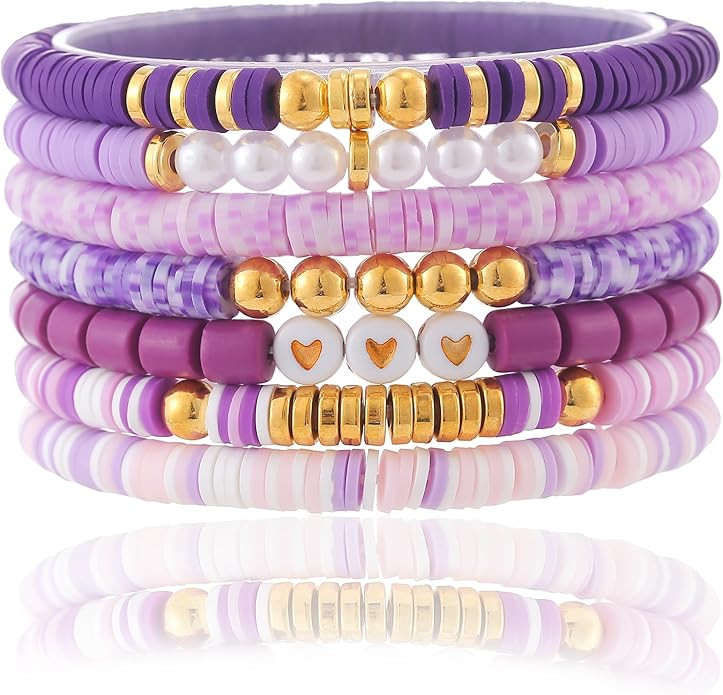 Friendship Bracelets Trendy Heishi Clay Bead Bracelets Stack Gold Beaded Stretch Bracelets for Wo... | Amazon (US)