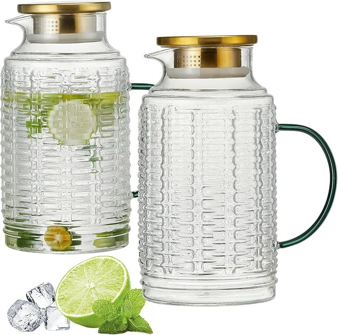 Glass Pitcher with Lid, 2 PACK 68 oz/2L Liter Vintage Water Pitcher, Clear Borosilicate Glass Wat... | Amazon (US)