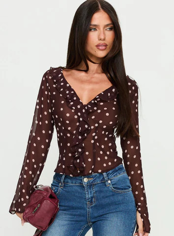 Corazon Sheer Frill Long Sleeve Top Burgundy Polka | Princess Polly US
