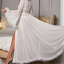 Contrast Mesh Trumpet Sleeve Belted Sleep Robe Without Lingerie Set | SHEIN