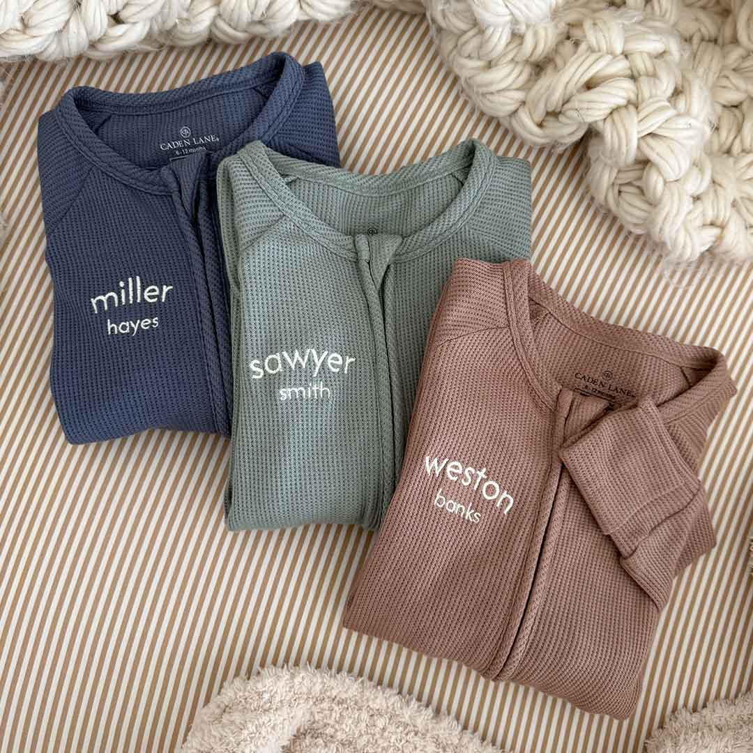 Personalized Bamboo Waffle Convertible Zip Rompers | Mountain Haze | Caden Lane
